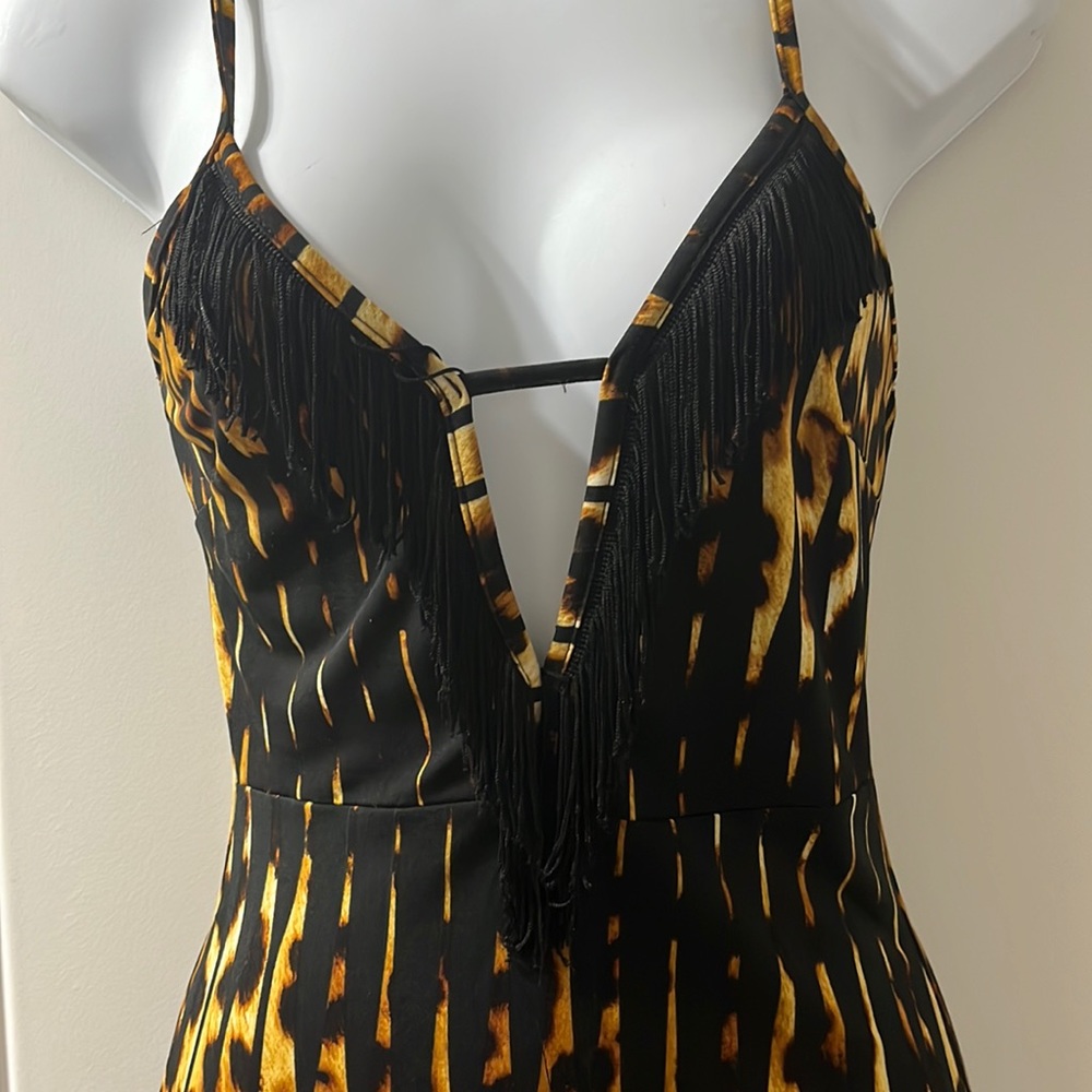 Fringe Trim Animal Print Mini Dress S